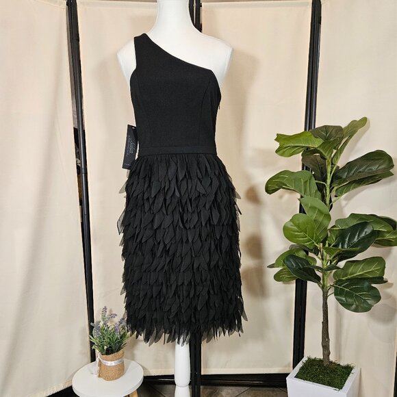 Aidan by Adrianna Papell Black Chiffon Feather Cocktail Dress Size 2 - Picture 6 of 11